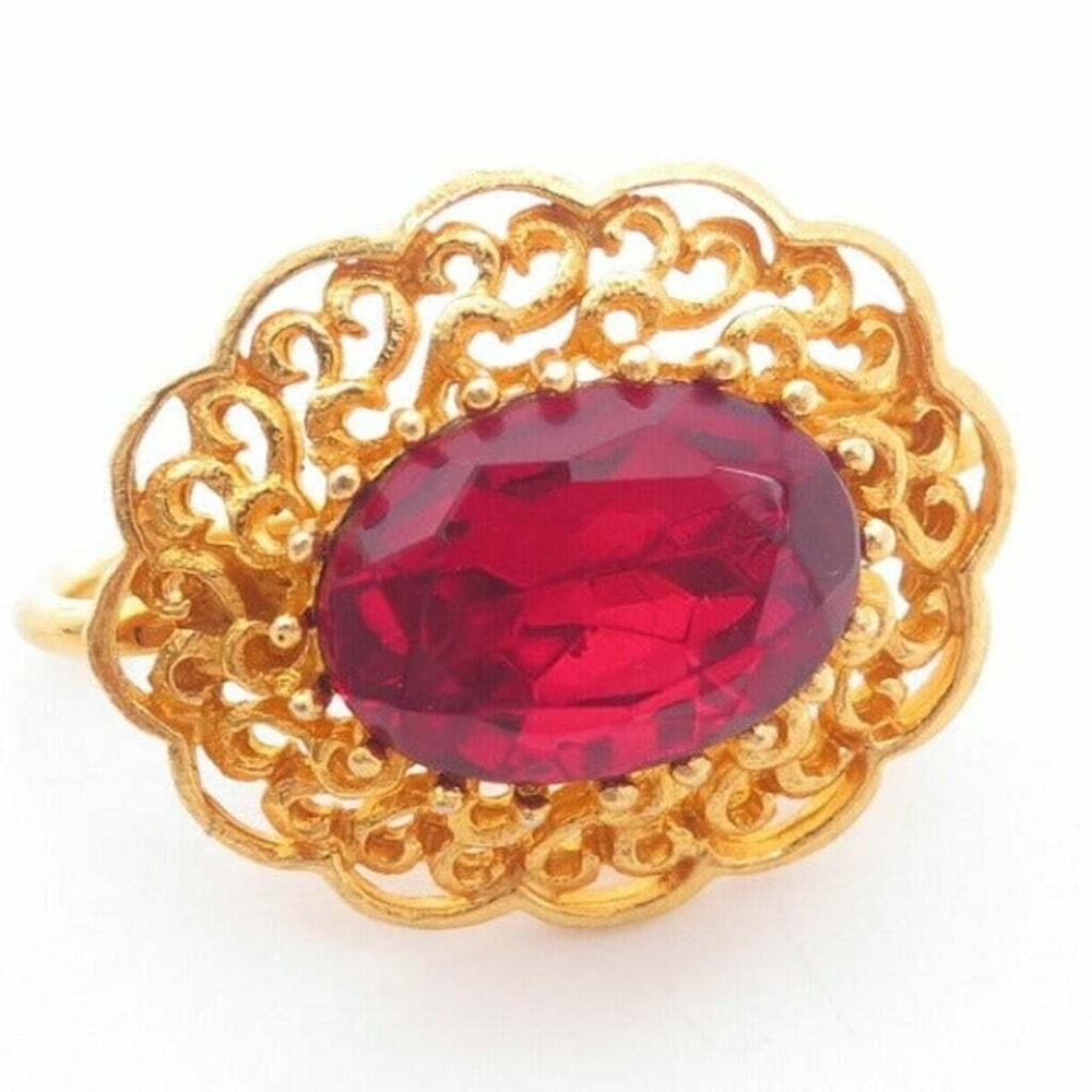VINTAGE RUBY RED RHINESTONE GOLD‎ PLATED FILIGREE BELT BUCKLE OR SCARF SLIDE
